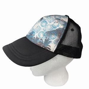 O’Neill Trucker Hat Snapback Black Mesh Palm Tree Blue Tile Surf Cap Adjustable